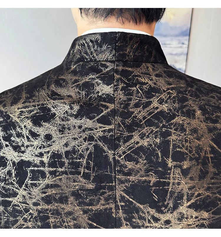New Chinese Style Stand Up Collar Jacquard Suit Coats Men Slim Business Casual Fashion Suits Jacket Formal Social Party Tuxedos