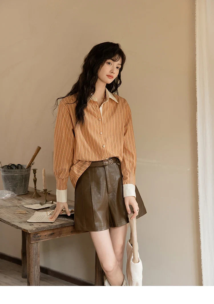 Loose Striped Shirt for Women Autumn 2025 Contrasting Lapel Top Single Breasted Patchwork Shirts Office Lady MXD41C0286