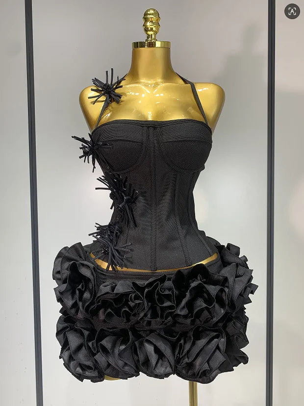 Black Red Women Sexy Strapless Laced-up Tops 2 Pieces Florals Bodycon Mini Bandage Dress Celebrate Nightclub Party Stage Wear