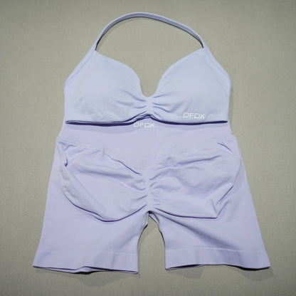 Women 2PCS Fitness Sports Set Lace Up Yoga Bra High Waist Short Leggings Seamless Cycling Running Workout Activewear
