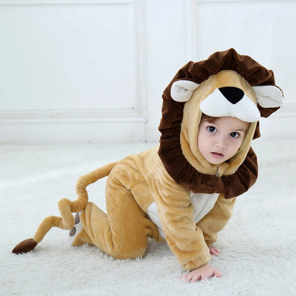 Cartoon Little King of Beasts Lion Costume Romper Jumpsuit for Baby Boy Infant Toddler Winter Outfit Pajamas Flannel Comfy 3-36M