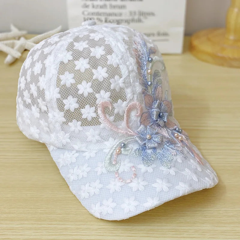 Summer Baseball Cap for Women Embroidered Flowers Mesh Breathable Duck Tongue Hat Sunscreen Sunshade Hat Rebound Cap