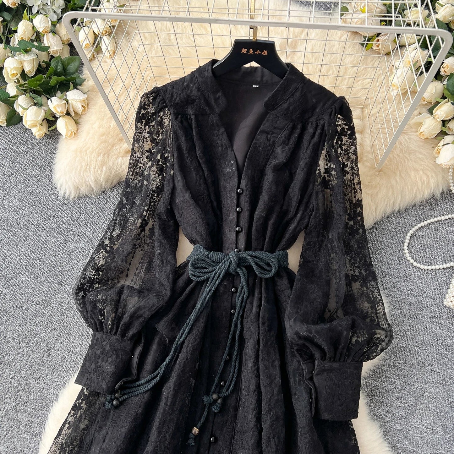 High-End Women's Dress Heavy Embroidery A-Line Long Skirt V-Neck Lantern Sleeve Single Button High Waist Korean Style Commute