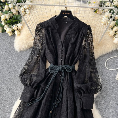High-End Women's Dress Heavy Embroidery A-Line Long Skirt V-Neck Lantern Sleeve Single Button High Waist Korean Style Commute