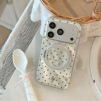 Luxury Polka Dot Ring Stand Holographic Phone Case For iPhone 15 16 17 Pro Max Shockproof Protective Cover