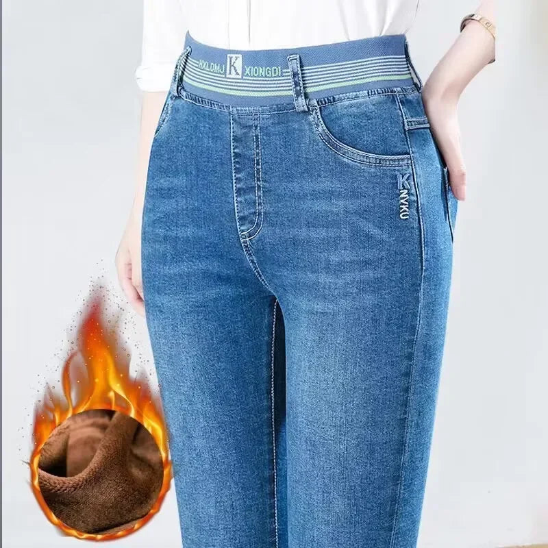 Winter Plus Velvet Stretch Jeans Women Oversize 40 High Waist Skinny Vaqueros Thick Warm Denim Trousers Fashion Mom Pencil Pants