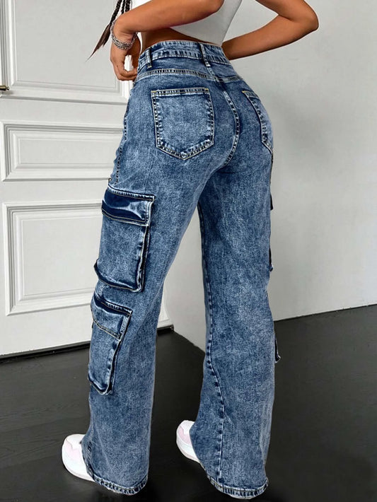 Trendy Casual Street Multi Flap Pockets Tape Elastic Waist Straight Leg Cargo Jeans Denim Pants All-Season Utility Denim Pants