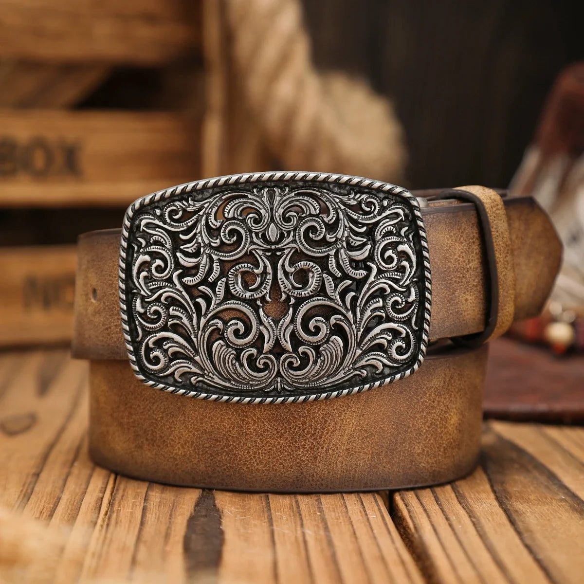 A Western-Buckle PU Belt Suitable for Both Men and Women, A Unique and Retro Brown Belt (With Perforated Nails Included)