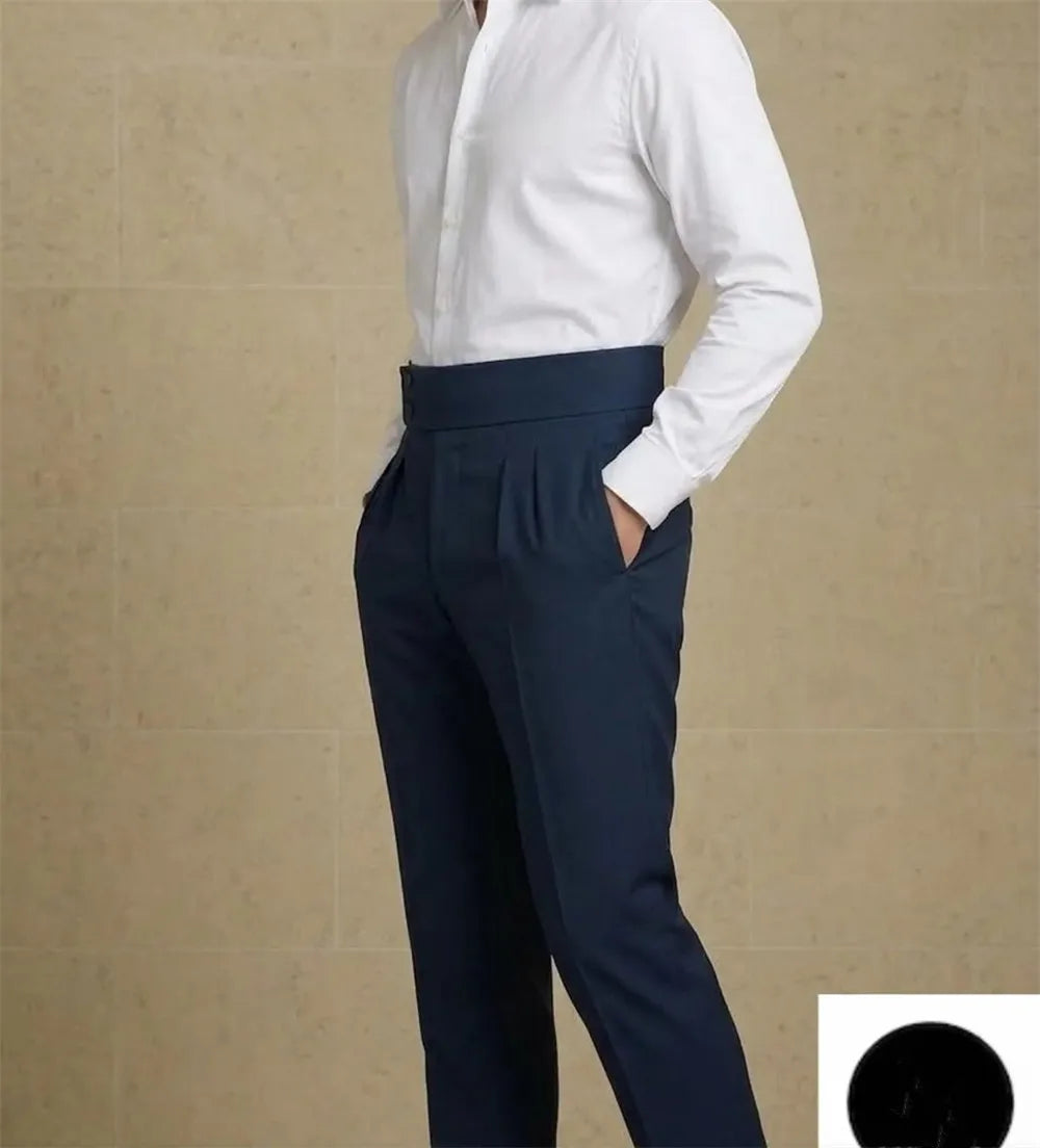 Navy Blue Men’s High Waisted Pleated Dress Pants Gurkha Style Trousers Double Button Waist Formal Pants Wedding Pants for Men