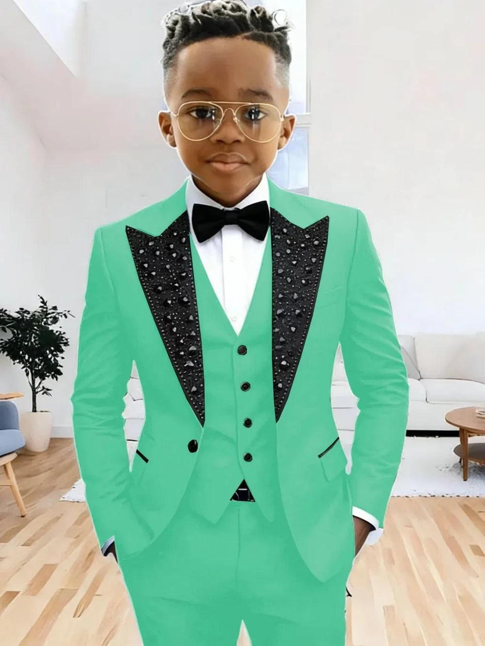 Boys Luxury Beaded Suit Set 3 Pieces For Evening Party High Quality Peak Lapel Suits Piano Performance Wear Elegant Plus Size