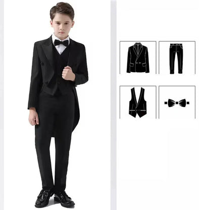 Boys (Blazer+Vest+Pants) 3 Piece Classic Black Suit Kids Fashion Slim Fit Peak Lapel Formal Tailcoat Child Elegant Wedding Suit