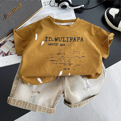 New Toddler Summer Baby Girls Boys Clothes Suit Children Letter Tshirt+ Ripped Jeans 2Pcs/Sets Casual Costume Kids Tracksuits