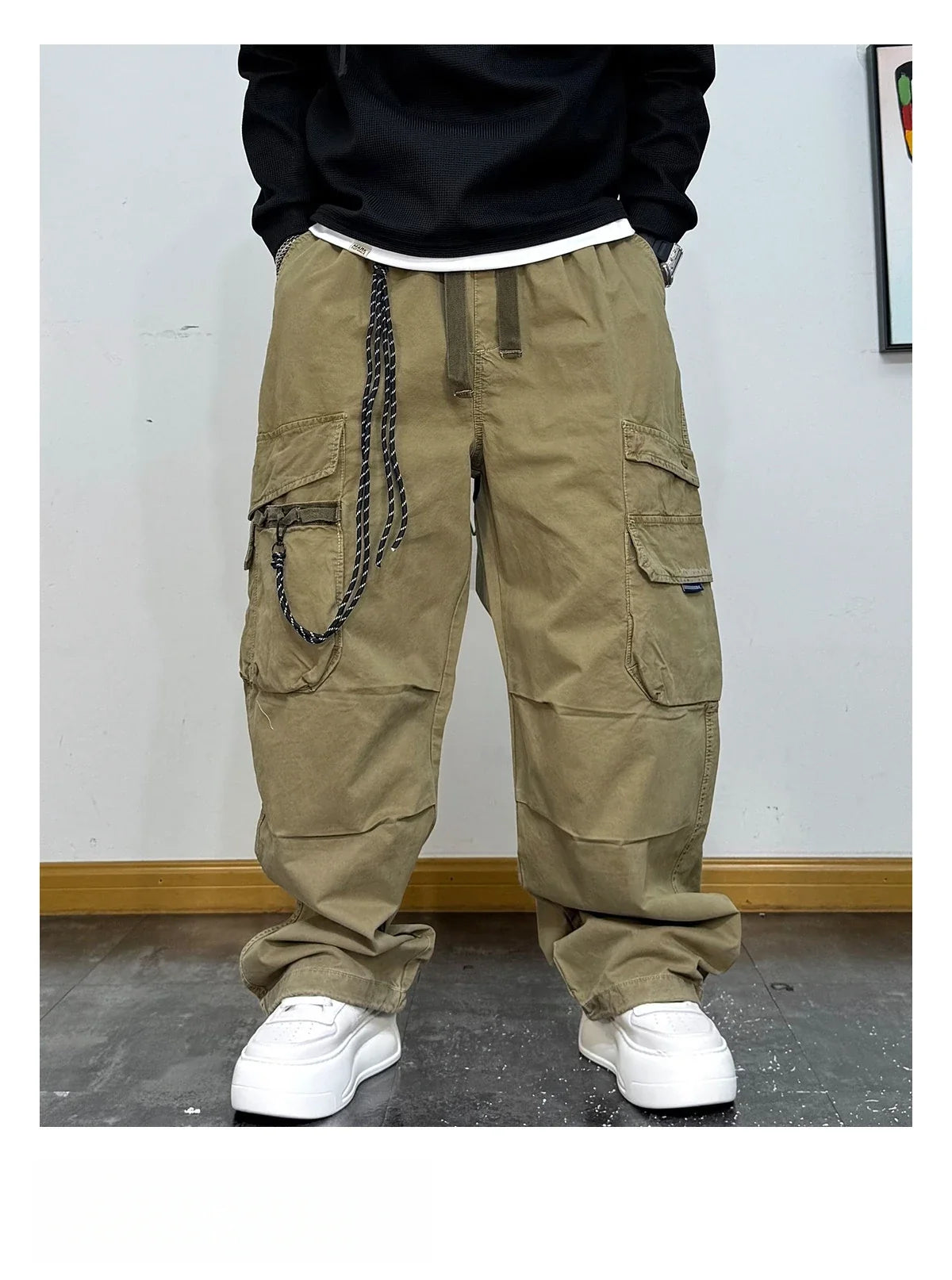 American Premium Cargo Pants Mens Pleated Baggy Multi Pocket Streetwear Oversized Straight Leg Casual Spring Fall Trendy Male