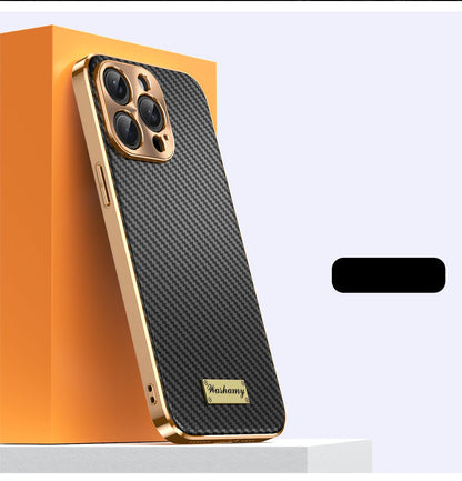 Luxury Plating Leather Carbon Fiber Texture Phone Case For iPhone 17 16 15 14 13 Pro Max Plus 17Air Alloy Lens Shockproof Cover