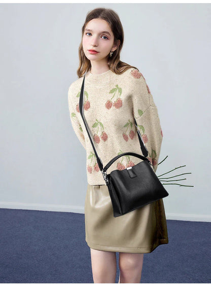 100% cowhide Bag Casual Women Hobos Handbags Bucket Bags New Women's Fashion Handbags Retro Solid Color Leather Shoulder wallet
