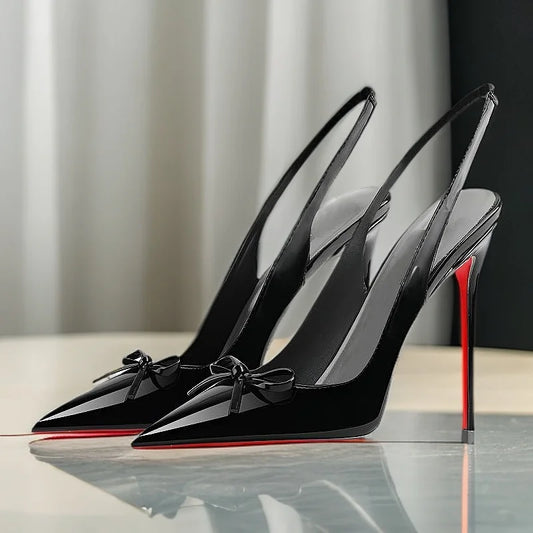 New black nude wine red patent leather pointed small bow back empty style plus size socialite high-heeled sandals