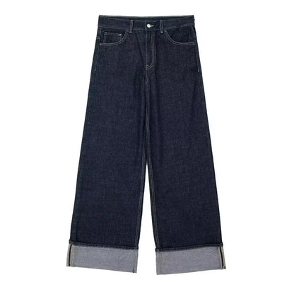 Women's High-Waisted Jeans Slim Trailing Trousers Rolled Leg Denim Pant Fashion Lady High Street Casual Wide-Leg Jeans