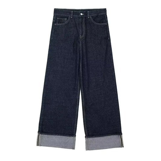 Women's High-Waisted Jeans Slim Trailing Trousers Rolled Leg Denim Pant Fashion Lady High Street Casual Wide-Leg Jeans