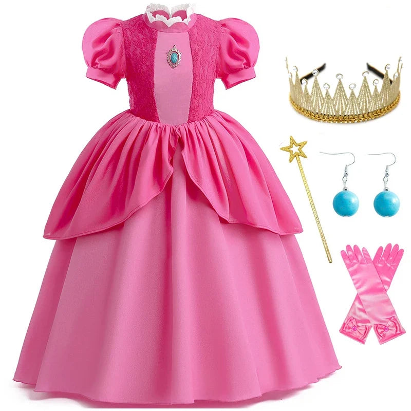 Princess Peach Chiffon Lace Girls Cosplay Dress Baby Kids Vestidos Party Dresses Carnival Halloween Costume for 3-11 years