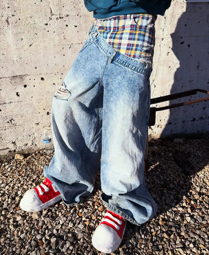 Y2k Slanted Runway Baggy Jeans Retro Plaid Patchwork Men Women Wide Leg Pants American Hip Hop Streetwear Unisex Casual Jeans
