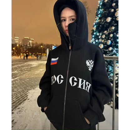 Y2K Clothes Men's Hip Hop Autumn Russia Hot Sale Vintage Double Zip Hoodies Lettering Graphic Hoodies Sweatshirts Casual Jacket
