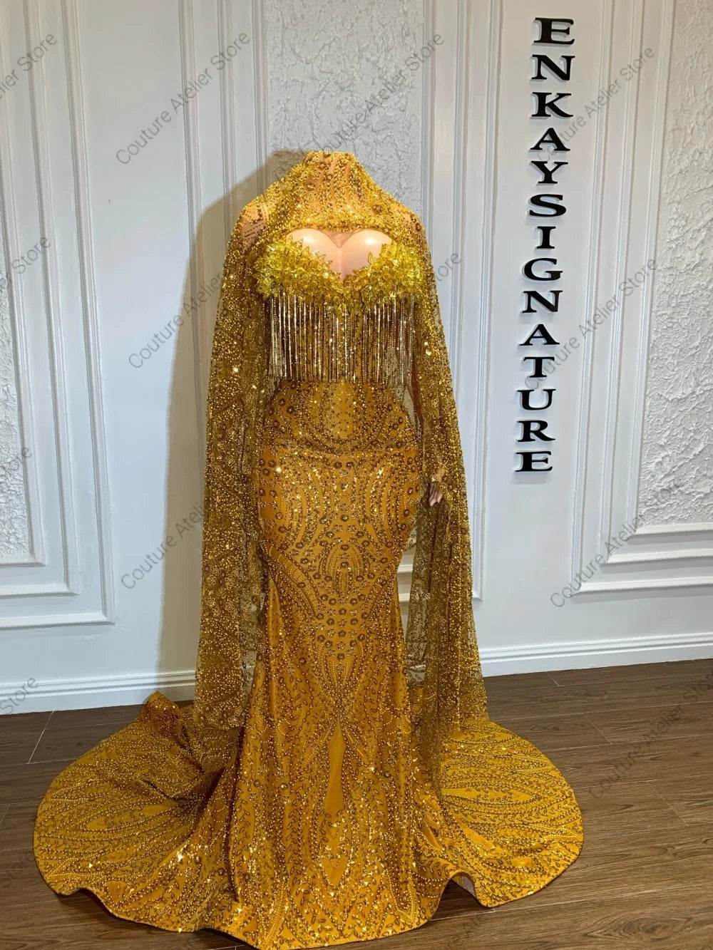 Glamorous Gold Stones Prom Dresses With Head Cover Beaded Rhinestones Mermaid African Wedding Dress Black Girls Customized