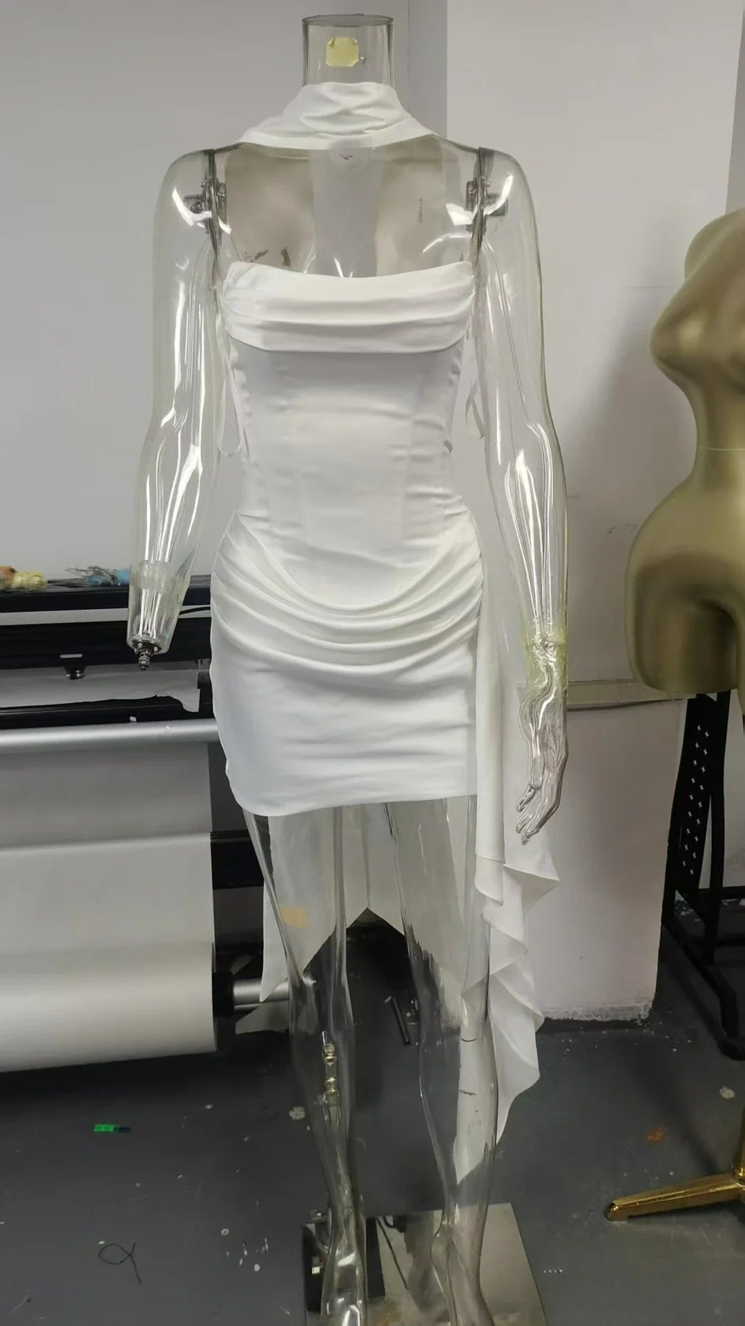 Elegant Women's Satin Mini Dress with Corset Back Lace Up Dress Ruched Bustier and Scarf for Party Wedding Gown