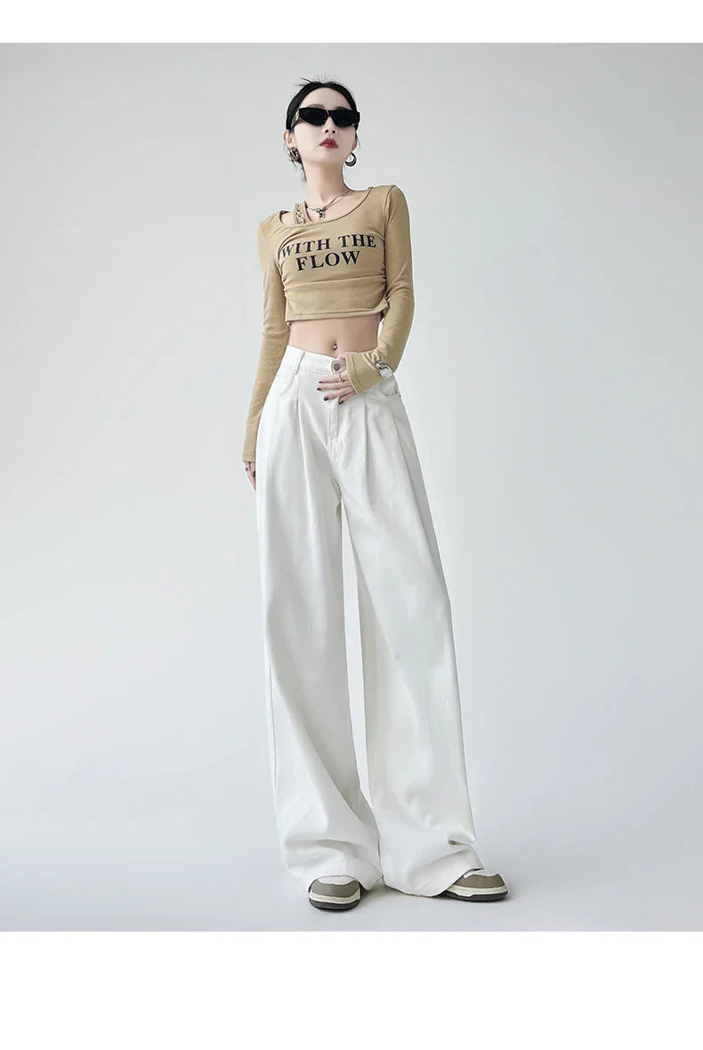 White Thin Pleated High Waist Non-Light Wide Leg Jeans Women's American High-End Loose Straight Lazy Floor-Length Pants