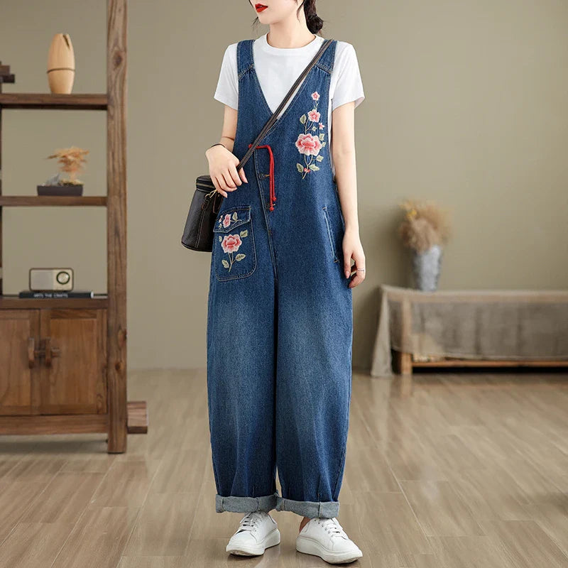 Spring 2025 New Vintage Large Size Loose Embroidered Denim Overalls High Waist Long Pants Women's Faion Casual Jeans