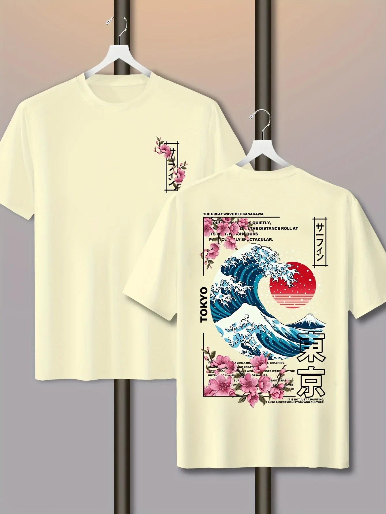 Men's Casual Tokyo Island Sunset Wave Print 100% Cotton T-shirt Short-sleeved Summer Breathable Street Trend Loose Comfortable