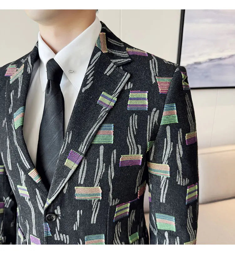 2025 New Luxury Denim Jacquard Suit Coats Men Fashion Slim Fit Suit Casual Business Party Coat Uniform Wedding Social Tailcoat