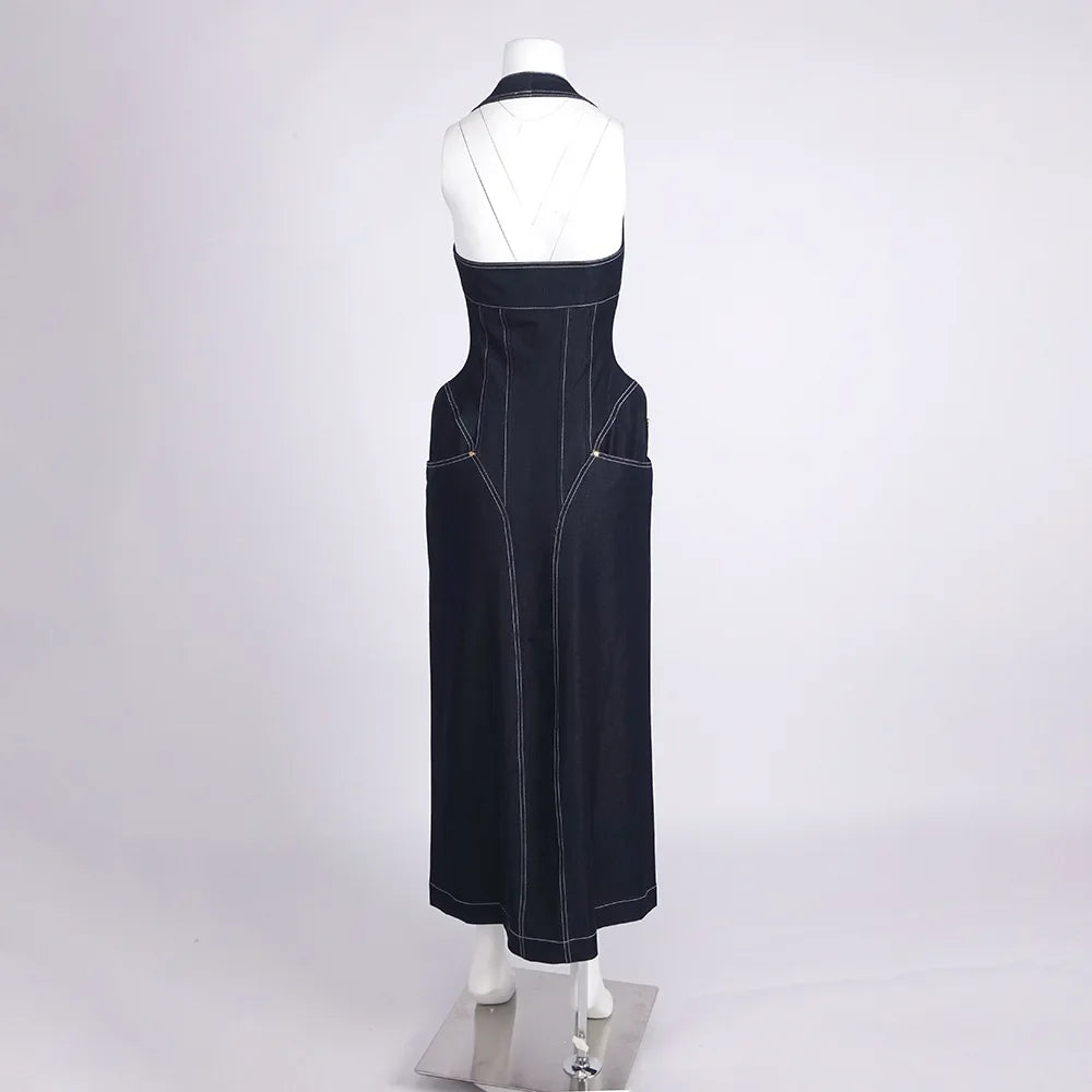 2025 New Women Celebrity Sexy Backless Halter Blue Zipper Denim Maxi Long Gowns Dress Elegant Evening Party Club Vestido