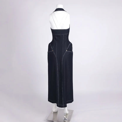 2025 New Women Celebrity Sexy Backless Halter Blue Zipper Denim Maxi Long Gowns Dress Elegant Evening Party Club Vestido