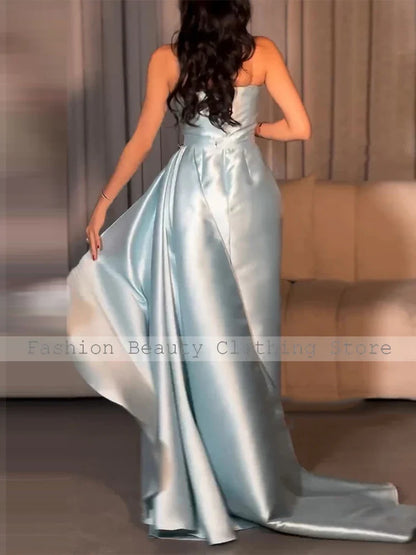 Luxury Evening Dresses for Women 2025 Sky Blue Satin Side Slit Column Evening Gown Long Draped Beaded Rhinestone Party Dress