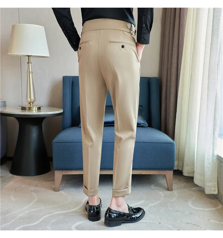 British Style Autumn New High Waist Trousers Men Belt Design Slim Fit Suit Pants Office Social Wedding Party Formal Pants Hommes