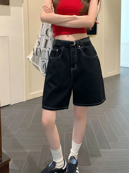 High-Waisted Straight-Leg Jeans Shorts for Women Summer New Style Slimming Black Five-Point Loose Wide-Leg Mid-Length Y2K Shorts