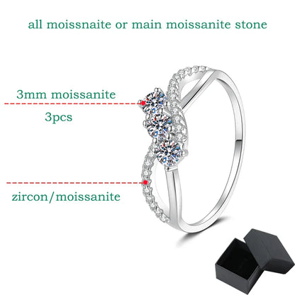 Real S925 Sterling Silver Moissanite Ring for Women 3 Stone Twisted Band Halo Gift for Her D Color VVS1 Dainty Jewelry