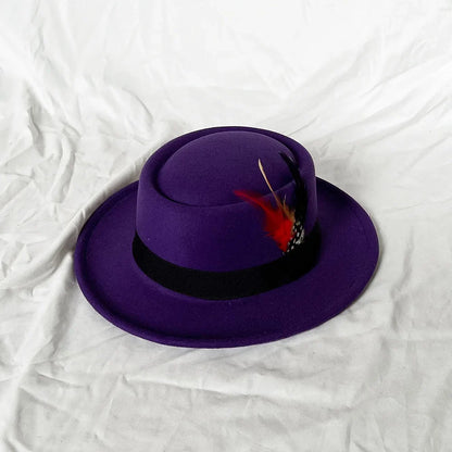 NEW Vintage Pork Pie Hat Mens Rolled Brim Felt Fedora Hat with Feather Gentleman Trilby Jazz Hats