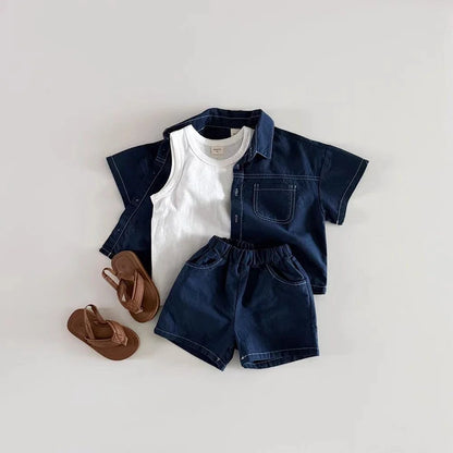 TZ2614 Korean Style Summer New Children's Clothing Set Boy Girl Soft Denim Shirt with Stitching Trendy Outfit for Kids