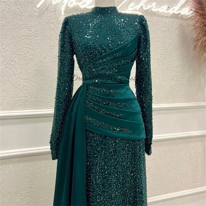 Customized High Neck Glitter Mermaid Prom Dresses Elegant Long Sleeves Floor-Length Formal Evening High Quality Classic Retro Ex