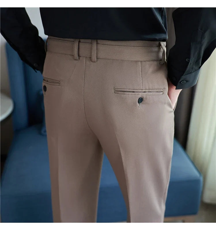 Fashion Belt Decoration Design Men's Suit Pants High Quality Business Slim Fit Casual Straight Formal Wedding Party Trousers