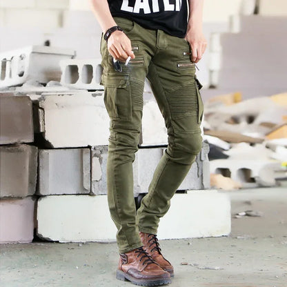 Fashion Fold Men Jeans Stretch Pleated Biker Cargo Jeans Zipper Skinny Slim Fit Trouser Hiphop Punk Multi Pocket Denim Pant Male