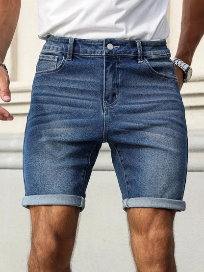 Men's Summer Denim Shorts, with a Blue Retro Texture. The Style Is Simple, Casual, and Street-Style.