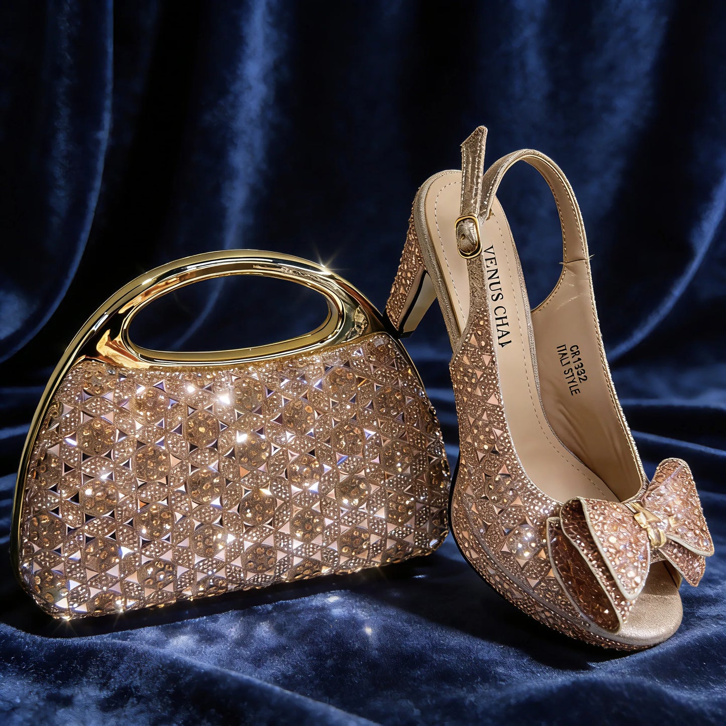 2026 Women’s Italian Gold High Heels with Rhinestone Detail & Matching Bag Set - Stylish Pointed Toe Design