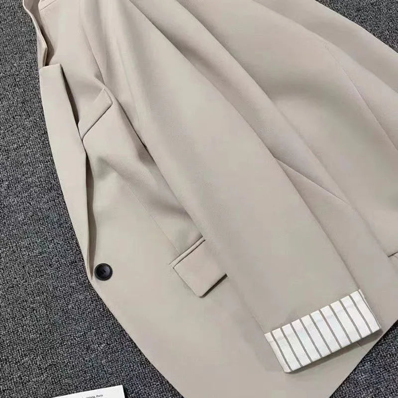 2025 New Beige Notched Collar Jacket Women Korean Chic Patchwork Long Sleeve Small Suit Coat Casual Simple Single Button Blazers