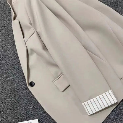 2025 New Beige Notched Collar Jacket Women Korean Chic Patchwork Long Sleeve Small Suit Coat Casual Simple Single Button Blazers