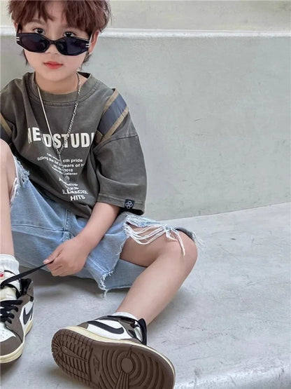 2026 New Boys' Summer 100% Cotton Streetwear Short Sleeve T Shirt Casual Half Sleeve Clothing