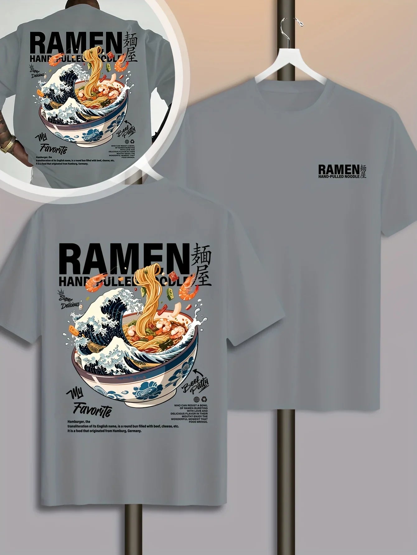 Men New Summer Casual Street Style T-shirt Japanese Waves Ramen Pattern Suitable for Daily Wear 100% Pure Cotton Soft Material