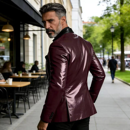 Men's Shiny Patent Leather Blazer Contrast Notch Lapel Two Button Suit Jacket Luxury Casual Business Formal Coat Party Wedding