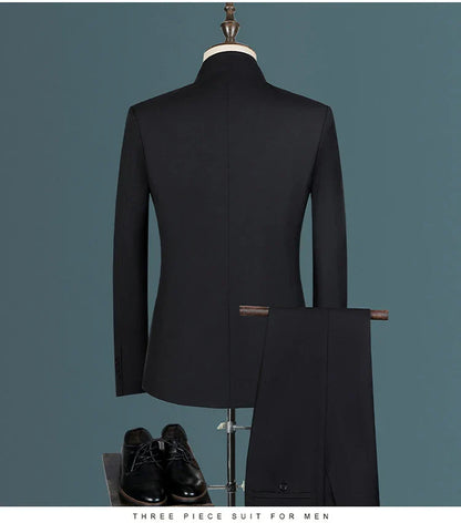 Suit (Blazer+ Vest + Pants) Men's Fashion Gentleman Business Outdoor Standing Collar Gentleman Wedding Work Casual MAO Suit